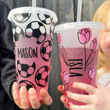 Personalised Name Football Tumbler Venti Cold Cup 24oz - With Straw (Design Colour Can Be Chosen)