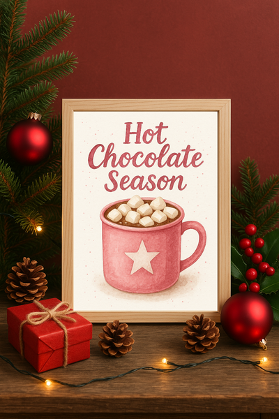 Hot Chocolate Season Wall Art – Pink Star Mug with Marshmallows Christmas Print