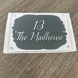 Grey Background House Name/Number High Quality Acrylic Outdoor Or Inside Sign Including Fixtures & Standoffs