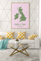 Couples United Kingdom Map with Special Dates & Heart Personalised Wall Decor Print with 10 New Styles